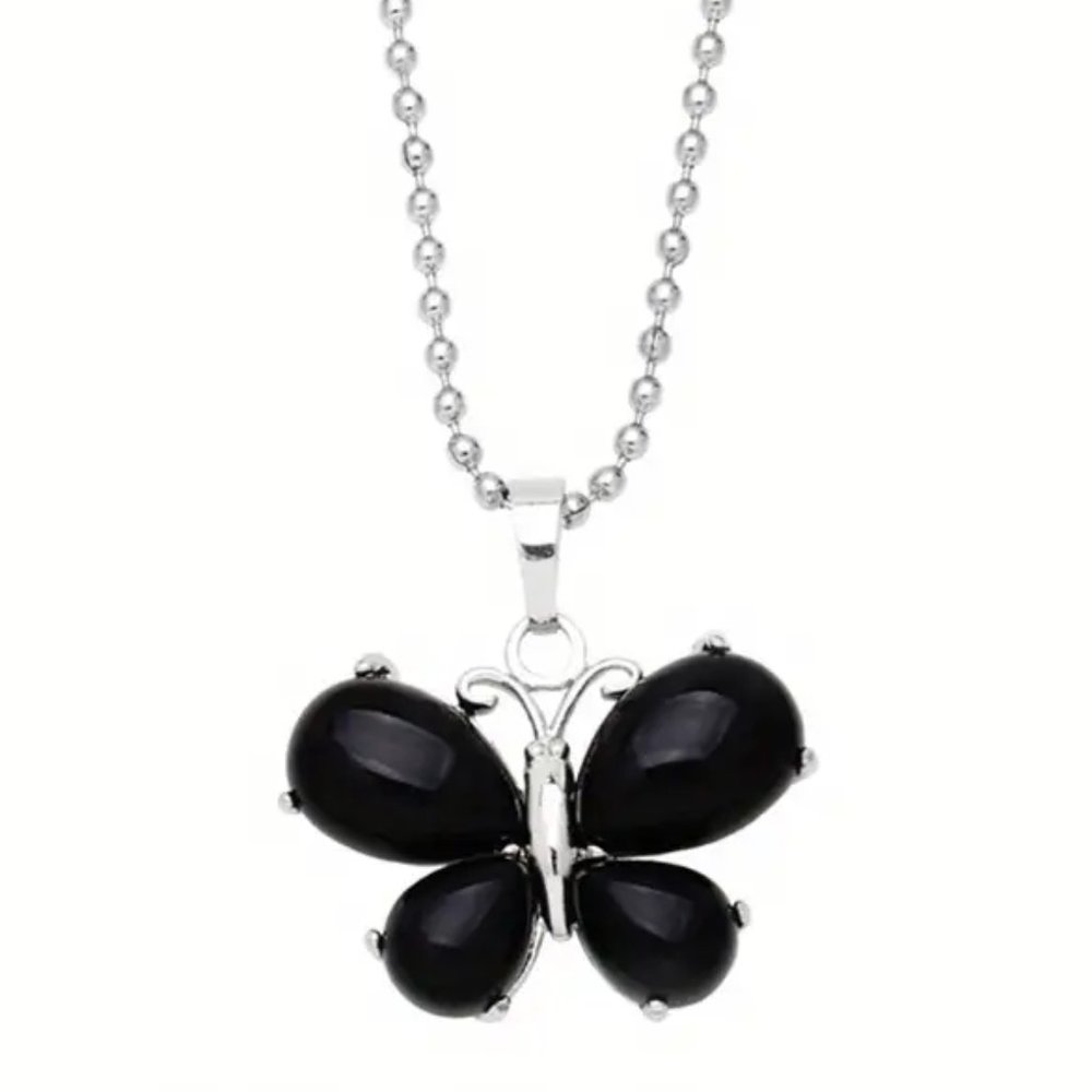 Black Onyx Natural Stone Cute Butterfly Pendant Necklace Gemstone Pendant - Picture 2 of 3